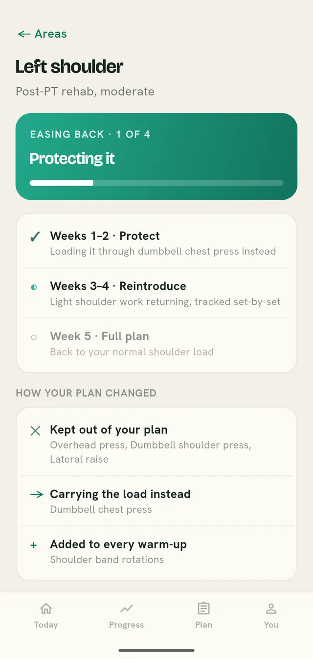 The left shoulder screen, easing back stage one of four: weeks one and two protect, weeks three and four reintroduce, week five full plan, with the lifts kept out and where the load went instead.