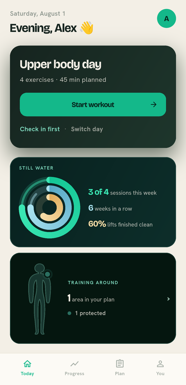 Kingtide's home screen: today's upper body session with a start button, a ring showing sessions completed this week, and a Training Around card tracking one flagged area as protected.