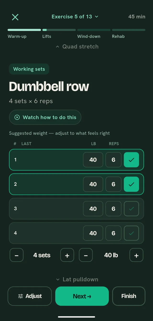 Kingtide's workout screen mid-session: dumbbell row, four sets of six at 40 pounds, two sets ticked off, with warm-up, lifts, wind-down and rehab marked along the top.