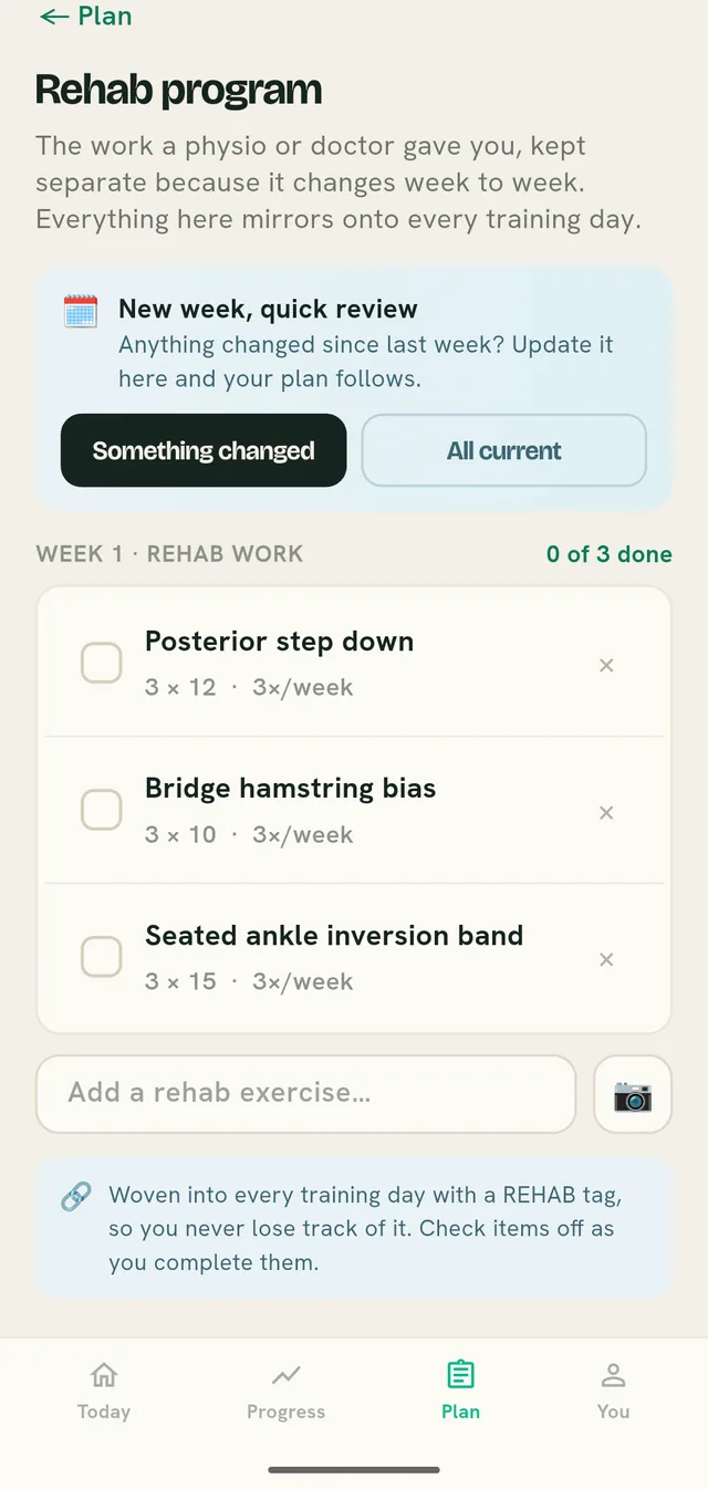 The Rehab program screen: posterior step down, bridge hamstring bias and seated ankle inversion band, each three times a week, woven into every training day.