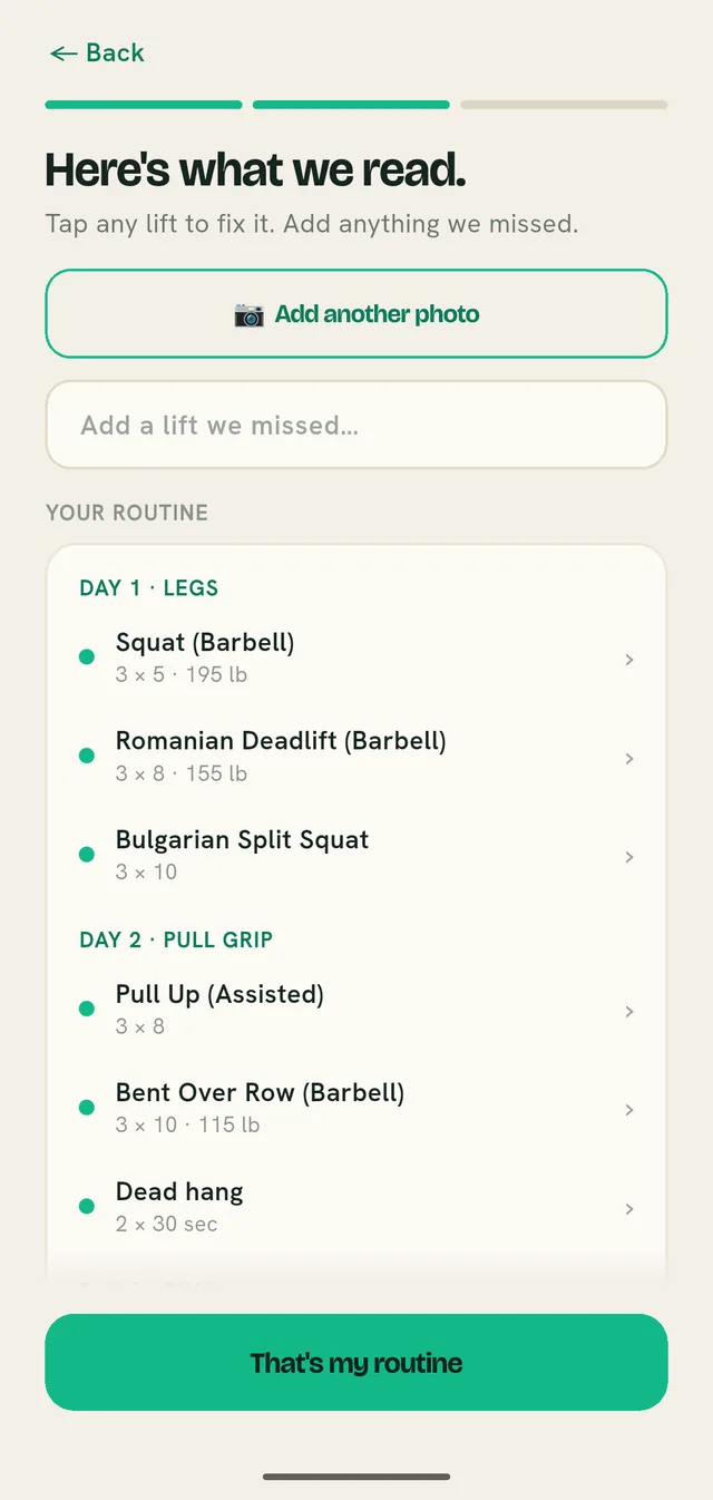 The Here's what we read screen: a three-day routine read from an export, day one legs with barbell squat, Romanian deadlift and Bulgarian split squat, each with sets, reps and weight.